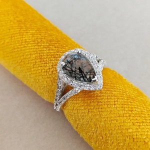 Natural Black Rutile Halo Ring, 925 Sterling Silver Ring, Pear Black Rutile Quartz Ring, Rutile Silver Ring, Natural Rutilated Quartz Ring