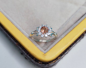 color change garnet ring, garnet halo ring, 925 sterling silver ring, orange garnet ring, green garnet ring, lab grown garnet ring
