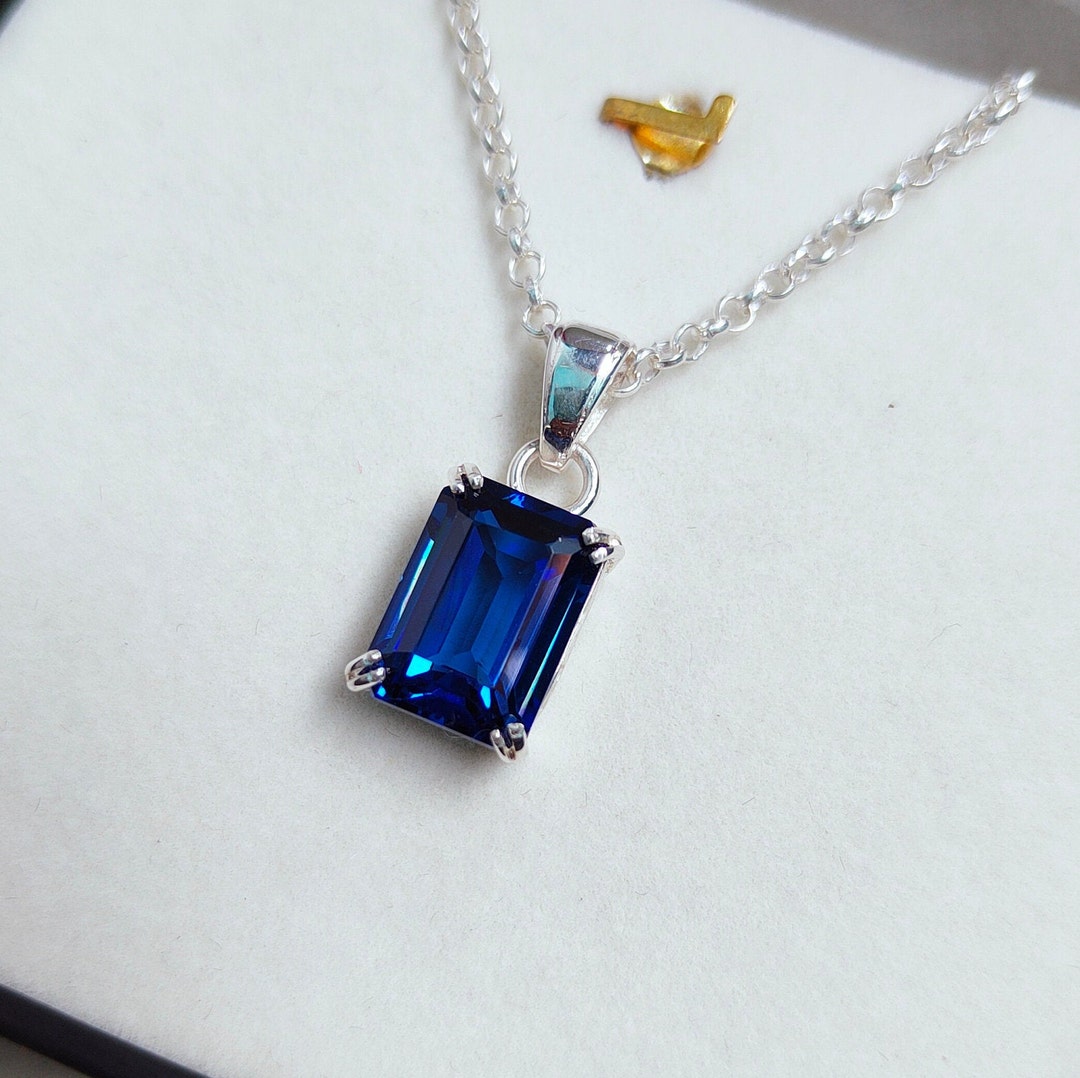 925 Sterling Silver Lab Blue Sapphire & CZ Rectangle Pendant Necklace, 18-inch Rolo Chain