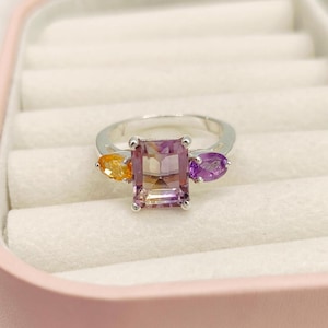 Natural Ametrine Ring, 925 sterling Silver Ring, Octagon ametrine ring, Oval amethyst and citrine ring, Bi color Ametrine ring
