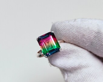 Anillo de turmalina sandía, anillo de plata de ley 925, anillo de cuarzo doble con turmalina, turmalina sandía octagonal, anillo de piedra bicolor