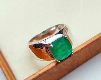 Bague pour homme émeraude, bague émeraude taille coussin, bague en argent sterling 925, bague émeraude au toucher naturel, bague émeraude coussin, bague faite main