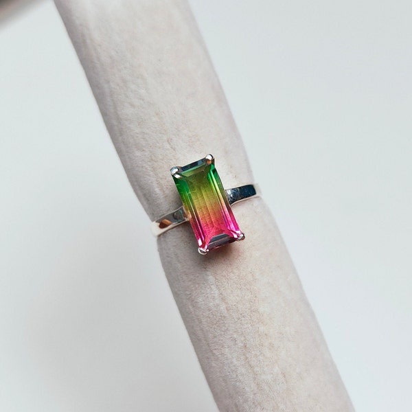 Watermelon Tourmaline Ring, 925 Sterling Silver Ring Tourmaline doublet Quartz Silver Ring Octagon Watermelon Tourmaline Bi color stone Ring
