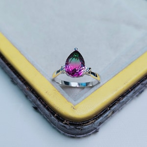 Watermelon Tourmaline Ring, 925 Sterling Silver Ring, Tourmaline Doublet Quartz Silver Ring, Pear Watermelon Tourmaline, Bio color stone