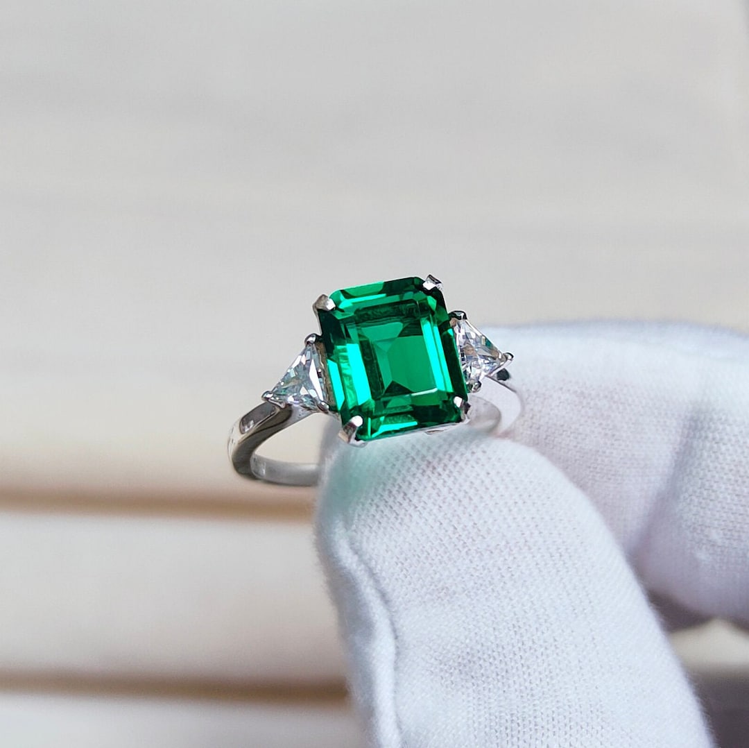 Lab Created Emerald Ring, 925 Sterling Silver Ring, Octagon Cut