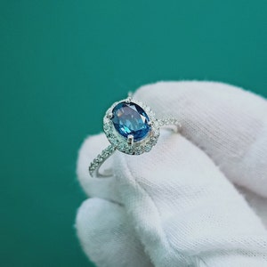 Lab created blue sapphire ring, 925 sterling silver ring, blue sapphire halo ring, oval cut created blue sapphire ring, ring for gift