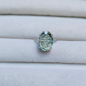 Green amethyst Carving stone ring, 925 sterling silver ring, amethyst carved ring, oval green amethyst ring, green amethyst carving ring