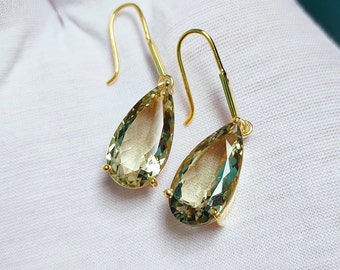 Natural green amethyst earrings, pear cut green amethyst drop earrings, 925 sterling silver earrings, tear drop amethyst earrings