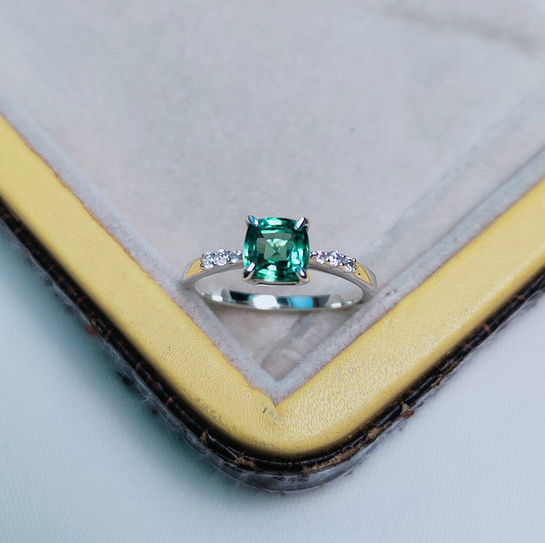 Green Sapphire Ring Cushion Cut Green Sapphire Ring Sterling Silver