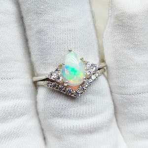 Natural Ethiopian Opal Ring, Pear Ethiopian Opal Ring with band 925 sterling silver ring Pear Ethiopian Opal Cabochon Ring Opal Wedding Ring