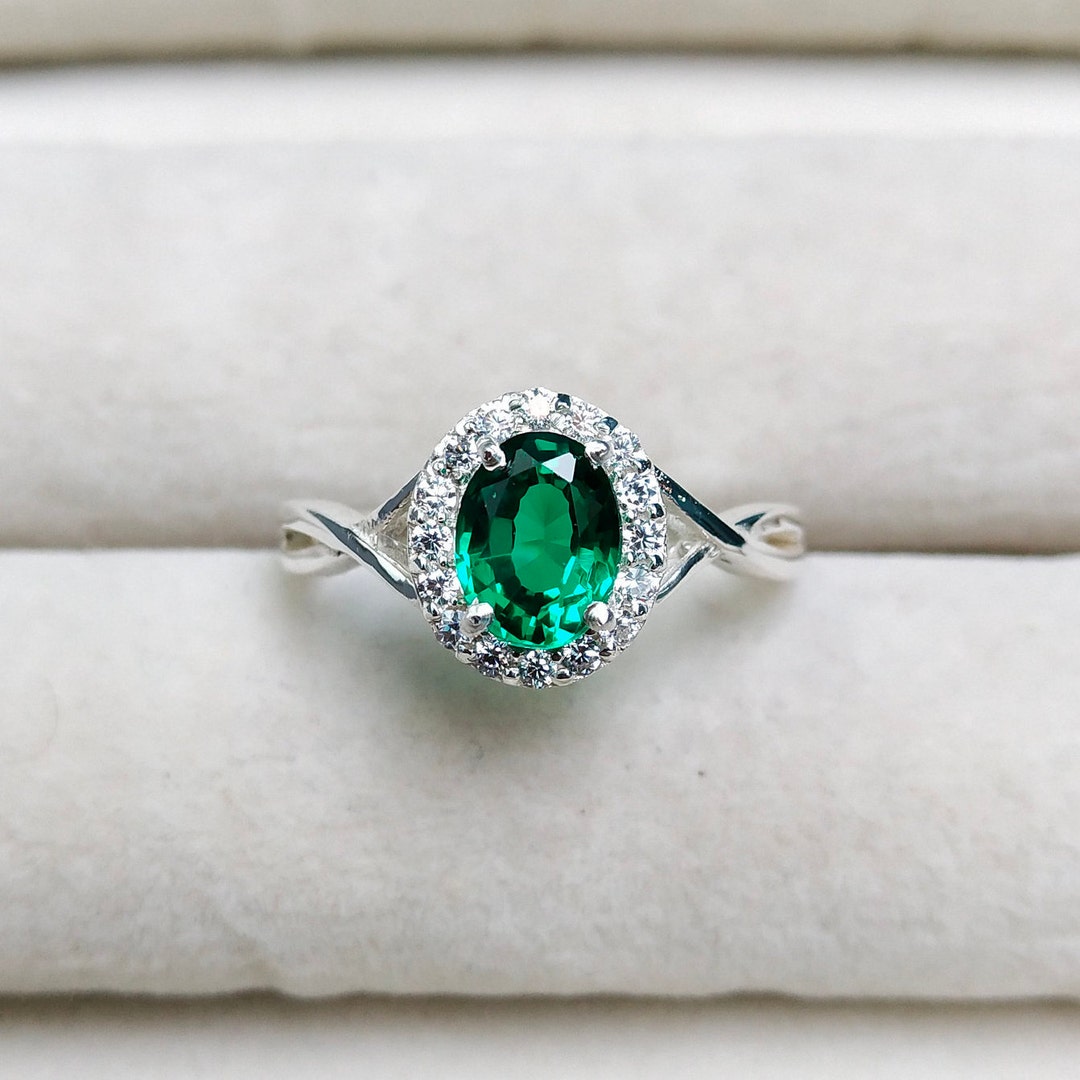 Lab Created Emerald Halo Ring, 925 Sterling Silver Ring, Green Gemstone ...