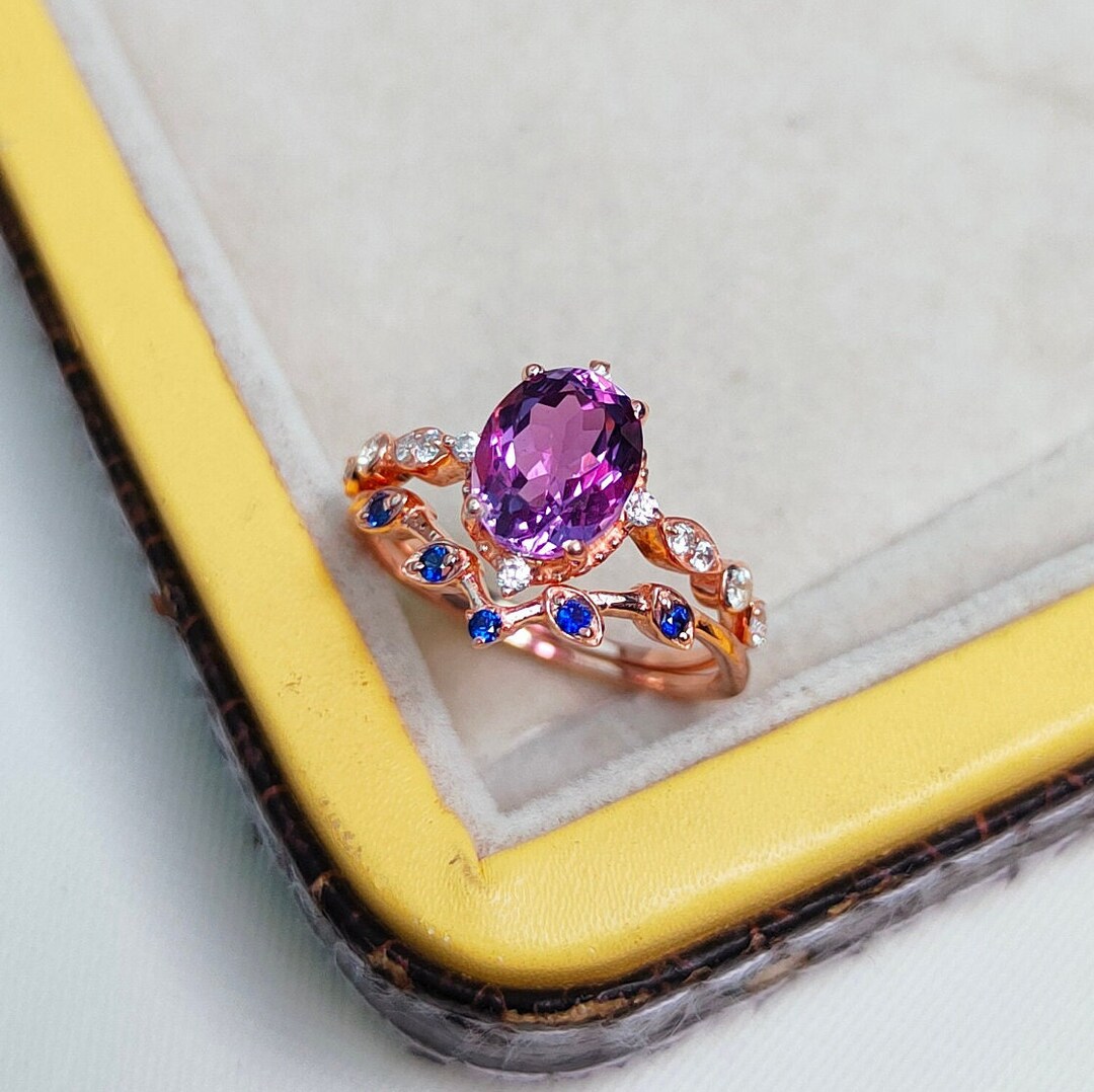 Rose De France Amethyst Ring With Band 925 Sterling Silver Ring, Natural Amethyst Ring, Oval Cut