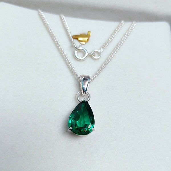 lab created emerald necklace, 925 sterling silver necklace, lab created emerald pendant, pear cut emerald pendant with chain