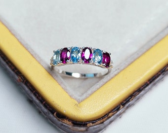 Aquamarine band ring, rhodolite garnet band ring, 925 sterling silver ring, multi gemstone band, oval aquamarine ring, oval rhodolite garnet