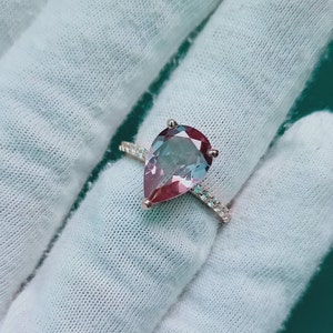 Alexandrite Ring, Lab Created Alexandrite Ring, 925 Sterling Silver Ring, Pear cut Alexandrite Ring, Color Change Stone Rin, Wedding Ring