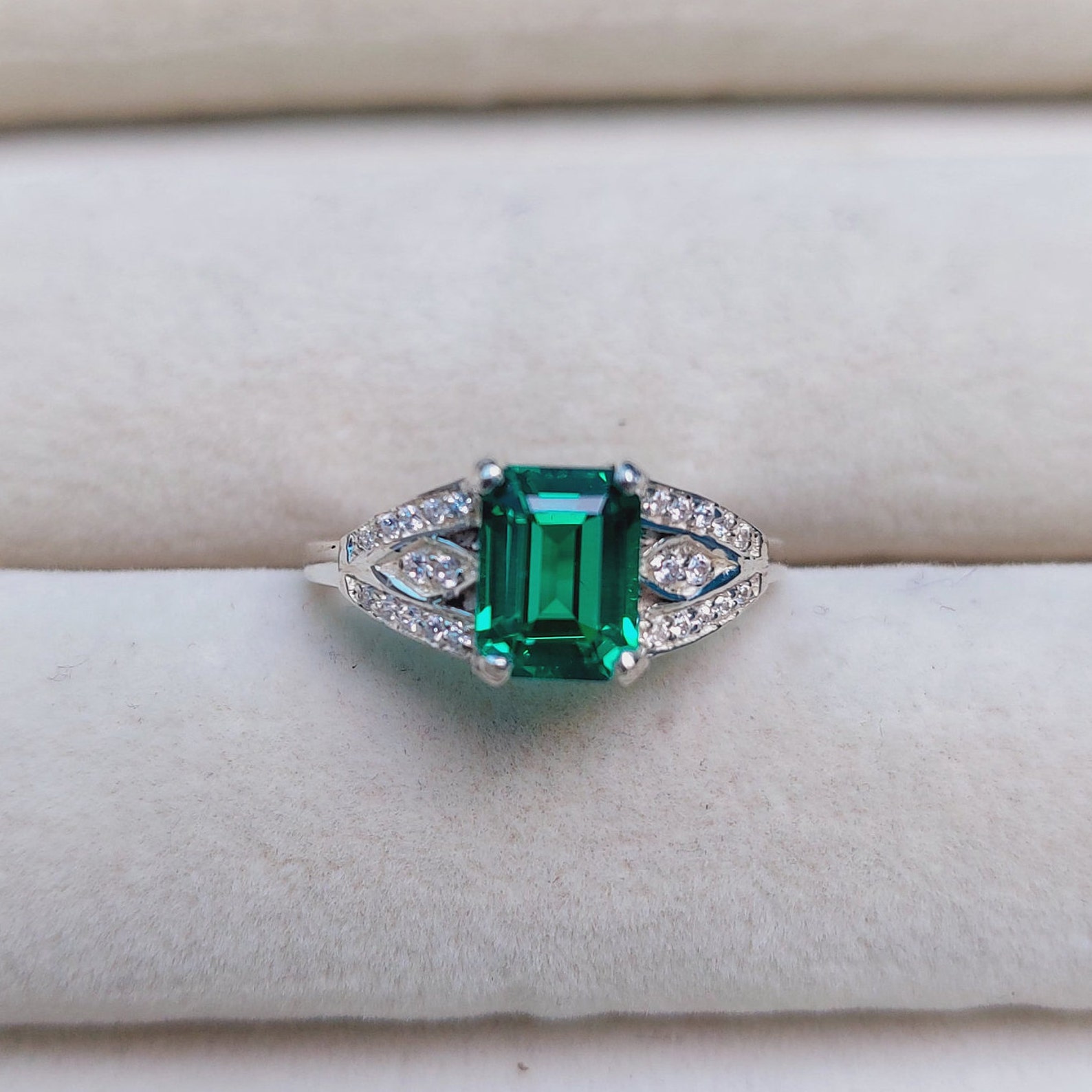 Lab Created Emerald Ring Octagon Cut Lab Emerald Ring 925 Etsy