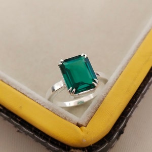 Lab Created Emerald Ring, 925 Sterling Silver Ring, Green Gemstone Ring, Emerald Hand Made Ring, Octagon Lab Emerald Ring, Gift for Her