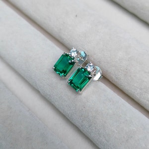 Lab created emerald stud earrings, 925 Sterling Silver stud earrings, Lab grown octagon cut stud earrings, emerald wedding stud earrings
