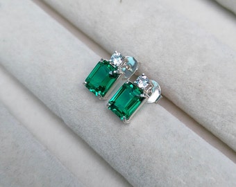 Lab created emerald stud earrings, 925 Sterling Silver stud earrings, Lab grown octagon cut stud earrings, emerald wedding stud earrings