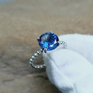 Lab Created Blue Sapphire Ring, 925 Sterling Silver Ring, deep blue sapphire ring, round cut created blue sapphire ring, Ring for gift