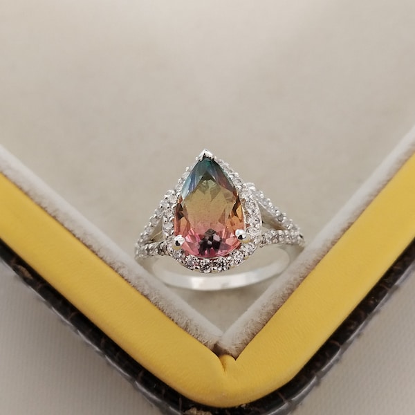 Watermelon Tourmaline Ring, 925 Sterling Silver Ring, Tourmaline Doublet Quartz Silver Ring, Pear Watermelon Tourmaline, Bio color stone