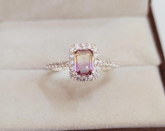 Natural Ametrine Ring, 925 sterling Silver Ring, octagon cut ametrine ring, ametrine silver ring, Natural Ametrine Halo Ring, Wedding Ring