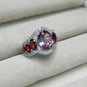 Lab Created Alexandrite Ring, Natural Red Garnet Ring, 925 Sterling Silver Ring, Multi Gemstone Ring, Alexandrite Ring, Bridal Ring
