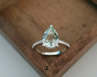 Green Amethyst Ring, 925 Sterling Silver Ring, Pear Cut Green Amethyst Ring, 13x9 mm Amethyst, Wedding Ring, Engagement Ring, Ring for Gift