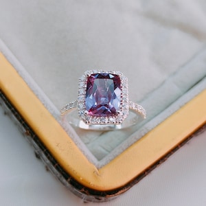 Alexandrite Ring, Lab Created Alexandrite Ring, 925 Sterling Silver Ring Color Change Stone Ring Cushion Alexandrite Halo Ring ring for gift