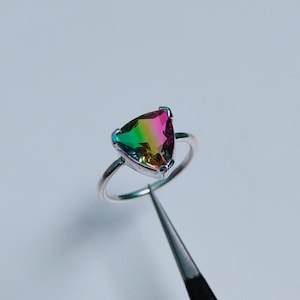 Watermelon Tourmaline Ring, 925 Sterling Silver Ring, Tourmaline Doublet Quartz Ring, Trillian cut Watermelon Tourmaline Bi color stone Ring