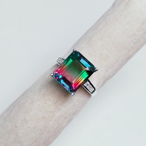 Watermelon Tourmaline Ring, 925 Sterling Silver Ring Tourmaline Doublet Quartz Silver Ring Octagon Watermelon Tourmaline Bi color stone Ring