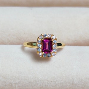 Rhodolith Granat Halo Ring, Rhodolith Granat Ring im Achteckschliff, 925 Sterling Silber Ring, natürlicher Granat Silberring, Januar Birthstone Ring