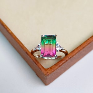 Watermelon Tourmaline Ring, 925 Sterling Silver Ring Tourmaline Doublet Quartz Silver Ring Octagon Watermelon Tourmaline Bi color stone Ring