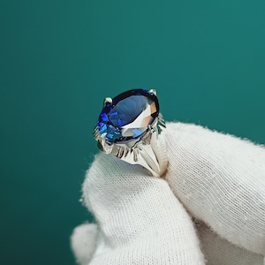 Lab created blue sapphire ring, 925 sterling silver ring, blue sapphire solitaire ring, oval cut created blue sapphire ring, ring for gift