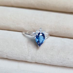 Blue Sapphire Ring, Pear Cut Created Blue Sapphire Ring, Lab created blue sapphire ring, 925 Sterling Silver Ring, Ring for gift