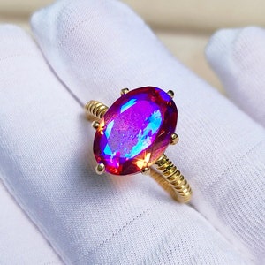 Rainbow Watermelon tourmaline ring, 925 Sterling Silver Ring, watermelon tourmaline doublet quartz ring fire watermelon tourmaline oval ring