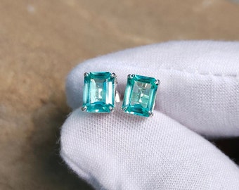 green sapphire stud earrings, octagon green sapphire earrings, lab created green sapphire earrings, 925 sterling silver earrings