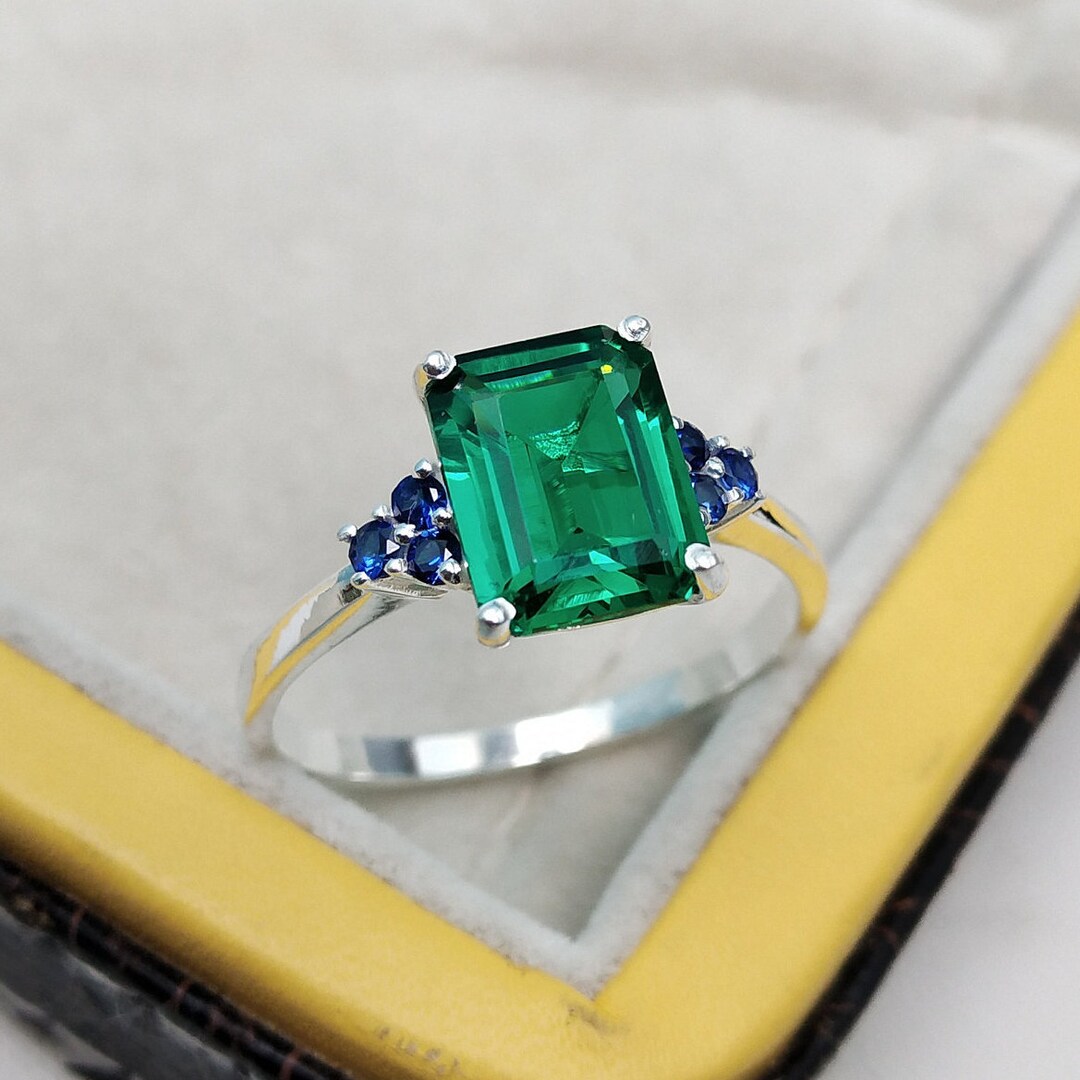 Lab Created Emerald and Created Blue Sapphire Ring 925 Sterling Silver Ring Octagon Cut Lab