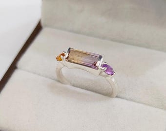 Natural Ametrine Ring, 925 sterling Silver Ring, Baguette ametrine ring, marquise amethyst and citrine ring, Bi color Ametrine ring