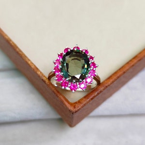 Teal sapphire ring, Ruby halo ring, oval cut Teal sapphire ring, 925 Sterling Silver ring, multi stone ring, Teal sapphire Halo Ring