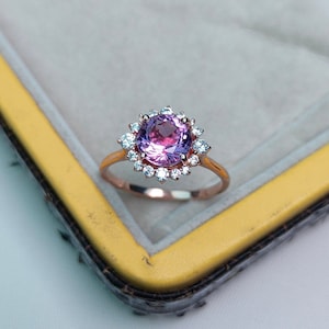 Rose De France Amethyst Halo Ring, 925 Sterling Silver Ring, Pink Amethyst Silver Ring, round cut Amethyst Ring, rose de france ring