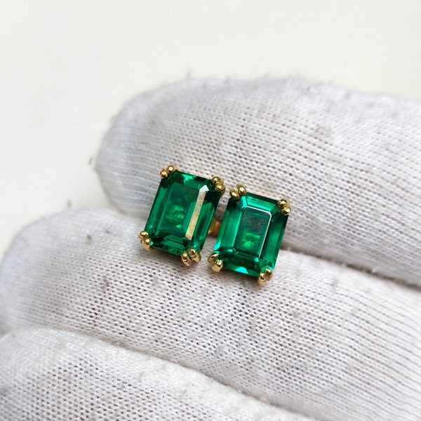 Lab created emerald stud earrings, 925 Sterling Silver stud earrings, Lab grown octagon cut stud earrings, emerald wedding stud earrings