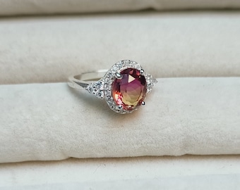 Ametrine doublet quartz Ring, 925 sterling Silver Ring, oval cut Ametrine quartz Ring, ametrine halo ring Bi color stone ring, ring for gift