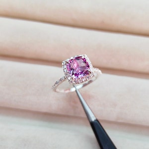 Natural Rose de France Amethyst Halo Ring, Natural Moissanite stones ring, 925 Sterling Silver Ring, cushion cut rose de France amethyst