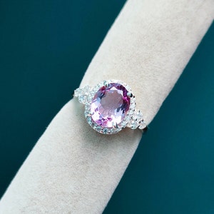 Rose De France Amethyst Ring 925 Sterling Silver Ring, Natural Amethyst Halo Ring, Oval cut Amethyst Ring, Pink Amethyst Ring, Wedding ring