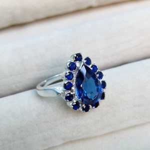Lab Created Blue Sapphire Ring, 925 Sterling Silver Ring, Multi Blue Sapphire Halo Ring, Pear Cut Blue Sapphire Ring, Engagement Ring