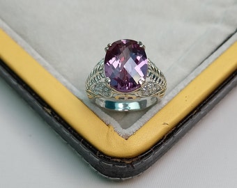 thumbnail interactive-video image 1 of 925 Sterling Silver Lab-Created Alexandrite Ring – Cushion Cut, Handmade, Size 7 – Purple Gemstone, Prong Setting 1 of 4