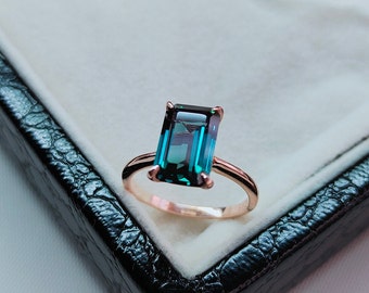Teal sapphire ring, octagon cut Teal sapphire ring, 925 Sterling Silver ring, ocean teal sapphire ring, lab grown Teal sapphire ring