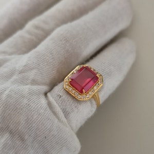 Lab Created Ruby Halo Ring, 925 Sterling Silver Ring, Red Ruby Ring, Octagon Cut Ruby Ring, Engagement Ring, Wedding Ring, Ring for Gift