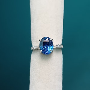Lab Created Blue Sapphire Ring, 925 Sterling Silver Ring, Blue Sapphire Silver Ring, Oval Cut Created Blue Sapphire Ring, Engagement Ring
